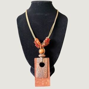 You & i Boho Wood Stone Statement Necklace Orange Brown Multi Strand Pendant